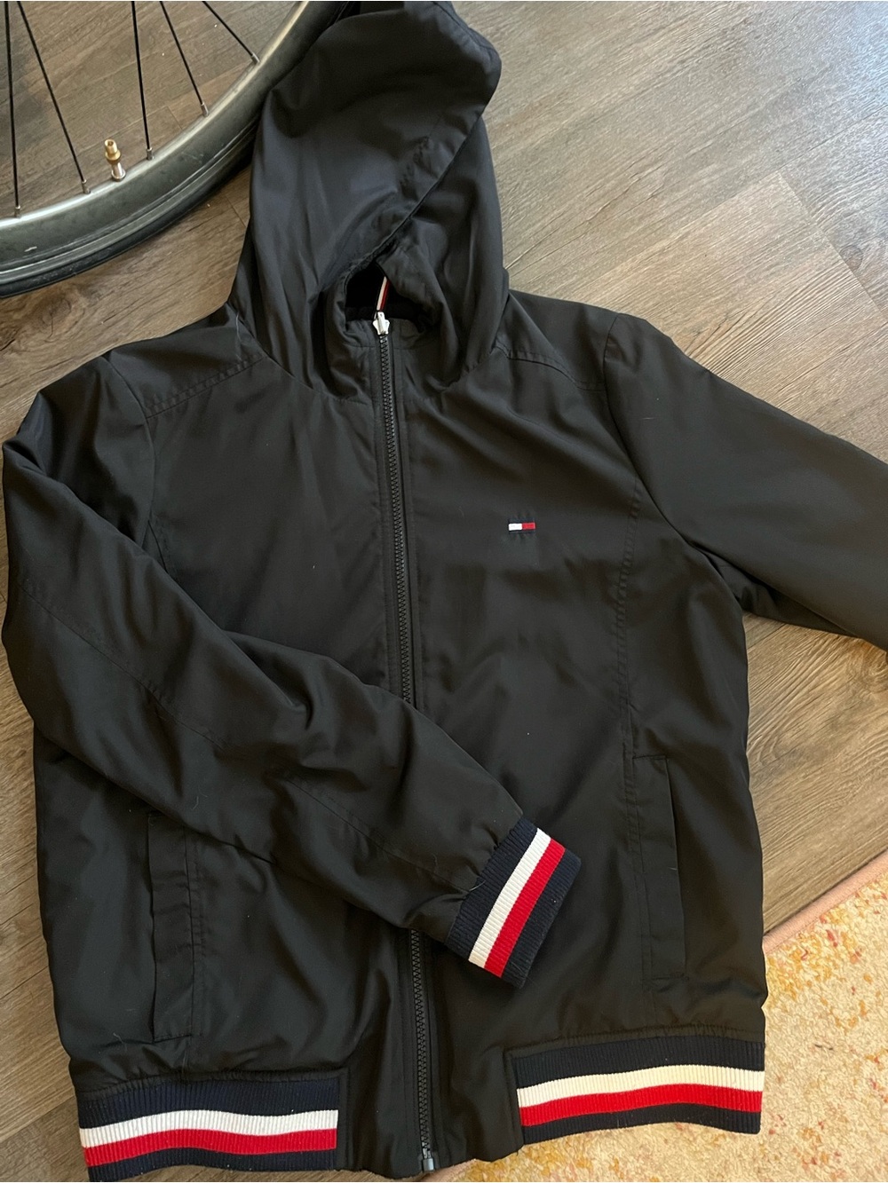 Tommy Hilfiger Black Hooded Bomber Jacket with Red-White-Navy Stripe Trim